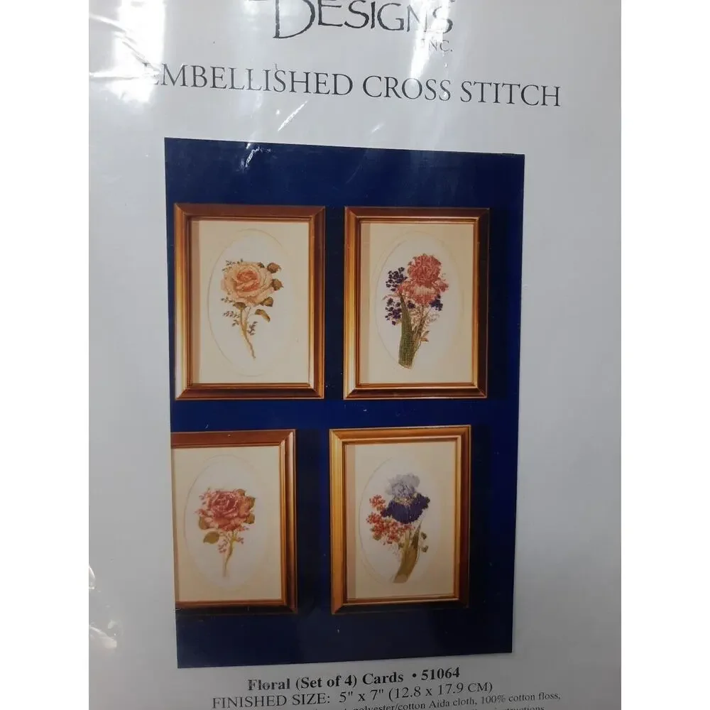 Vintage Candamar Designs Embellished Cross Stitch Kit Set of 4 Floral Cards